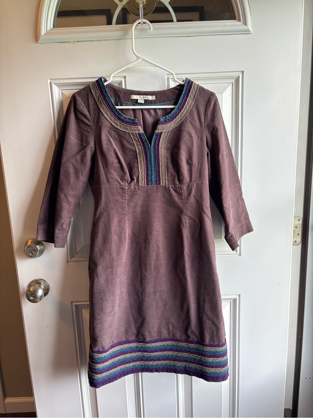 Boden Brown Midi Dress with Teal, Blue & Purple Trim